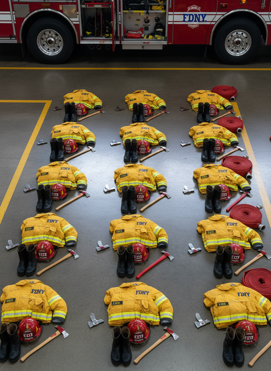 An organized array of neatly arranged firefighting equipment laid out on a clean concrete bay floor inside the fire station: bright yellow turnout jackets with reflective stripes, red helmets with department insignia, black boots standing upright, gleaming metal axes, and coiled fire hoses. Overhead fluorescent lights provide even, cool-toned illumination, creating crisp highlights on the metal tools and subtle shadows under each item. Shot from a slightly elevated angle in photographic realism, the composition forms a visually pleasing grid that emphasizes preparedness and professionalism. The background shows the lower portion of a fire engine’s wheels and compartments, softly out of focus, reinforcing the operational setting while keeping attention on the gear.