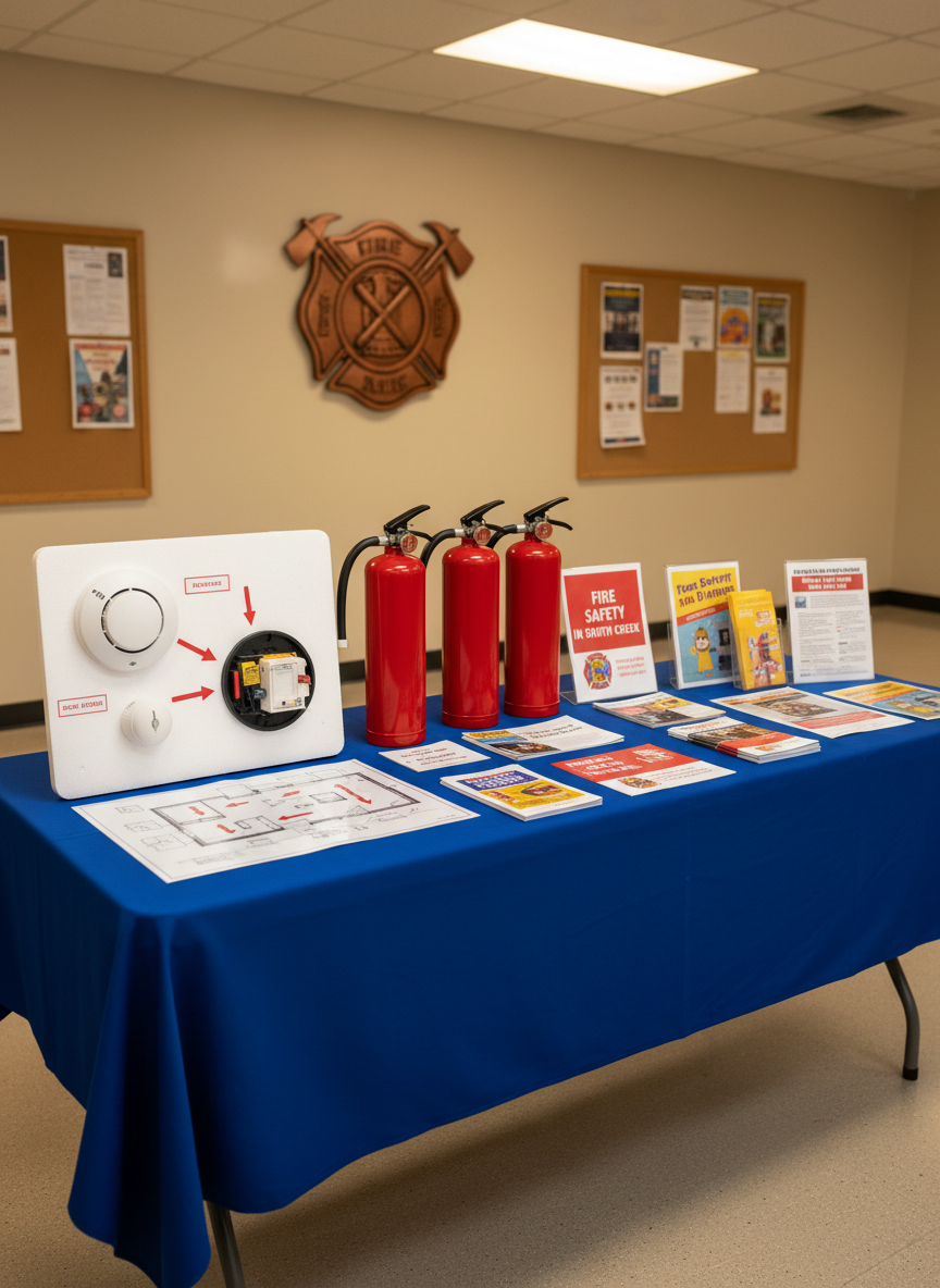 A meticulously maintained fire prevention display table inside a community room, featuring colorful educational materials without any people present. On the table sit bright red model fire extinguishers, a mock smoke detector display board, laminated home escape plan diagrams, and neatly stacked brochures labeled “Fire Safety in South Creek.” The table rests on a clean, neutral floor, with bulletin boards and a wall-mounted department crest softly blurred in the background. Warm indoor lighting from recessed ceiling fixtures casts gentle, even light across the scene. Photographic realism at eye level with a moderate depth of field keeps the materials legible yet refined. The mood is informative, calm, and reassuring, emphasizing community education and prevention.